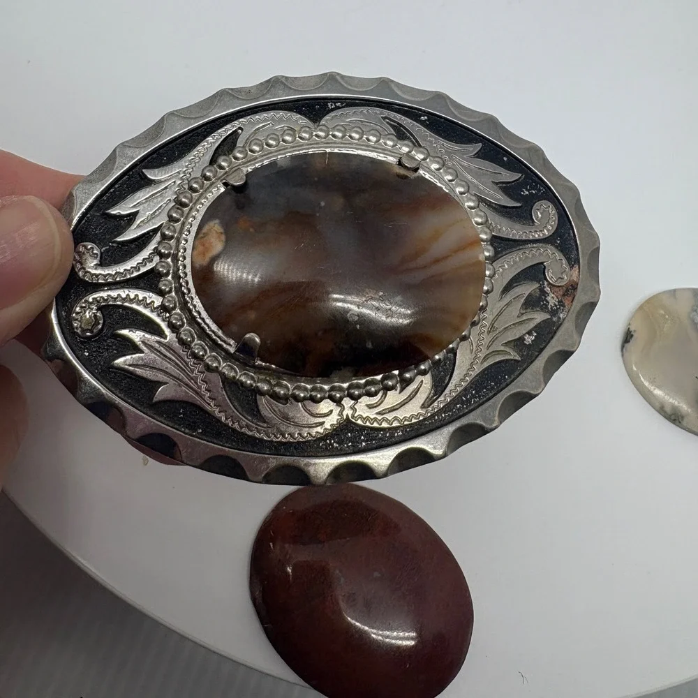 Western Interchangeable Stone Belt Buckle Silver Tone Agate‎ Jasper 3.5in